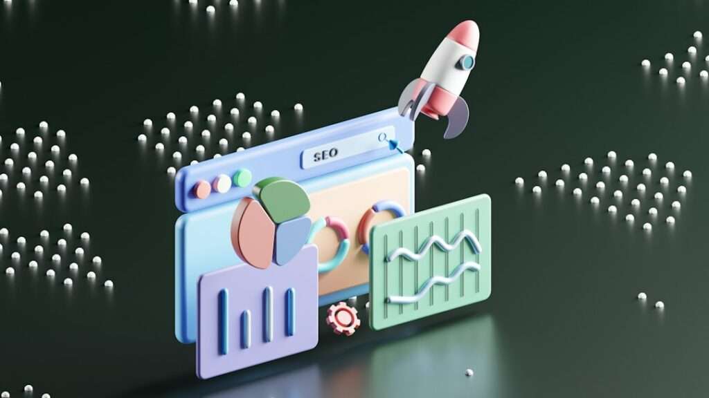 Suchmaschinenoptimierung Hannover - Eine digitale Illustration, die verschiedene abstrakte Diagramme und eine startende Rakete vor einem dunklen Hintergrund mit verstreuten kleinen weißen Punkten zeigt. Die Diagramme stellen verschiedene Arten von Datenvisualisierungen dar, darunter Balken- und Liniendiagramme, und vermitteln ein SEO-Thema mit dem Schwerpunkt auf lokaler Google Suchmaschinenoptimierung Hannover. Local SEO Agentur Hannover.