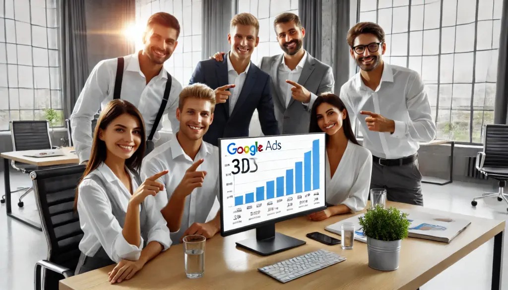 Webdesign Hannover - Eine Gruppe von acht Berufstätigen in Business-Kleidung lächelt und zeigt auf einen Computermonitor, auf dem ein Diagramm mit dem Titel „Google Ads 3D“ mit steigenden blauen Balken zu sehen ist. Als führende Google Ads Agentur feiern sie in ihrem modernen Büro mit großen Fenstern und stilvoller Einrichtung Erfolge. Local SEO Agentur Hannover.