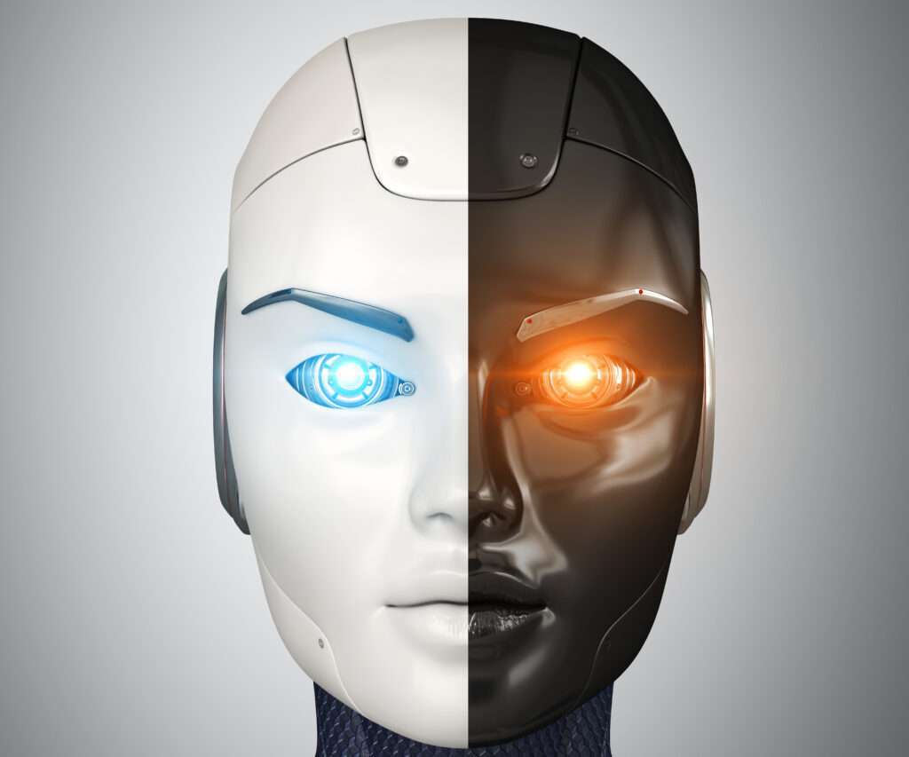 Webdesign Hannover - Nahaufnahme des in der Mitte geteilten Robotergesichts; die linke Seite ist weiß mit einem blau leuchtenden Auge, die rechte schwarz mit einem orange leuchtenden Auge. Dieses eindrucksvolle Bild künstlicher Intelligenz eignet sich perfekt zur Verschönerung jeder technikorientierten Website. Der Hintergrund weist einen einfachen Grauverlauf auf. Local SEO Agentur Hannover.